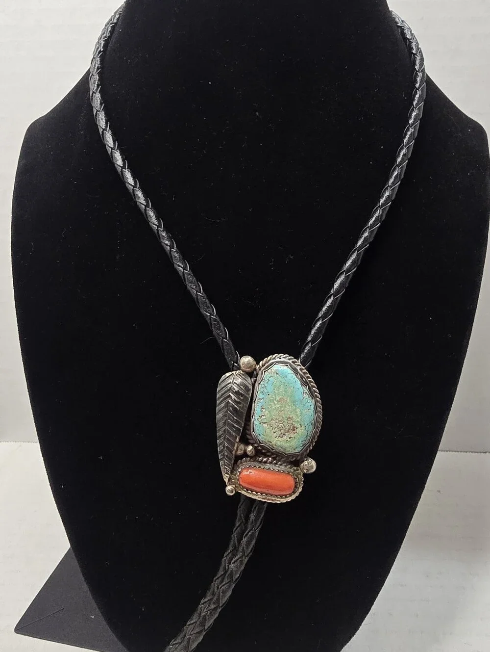 Vintage Native American Signed E&CR Sterling Silver Turquoise & Coral Bolo 36